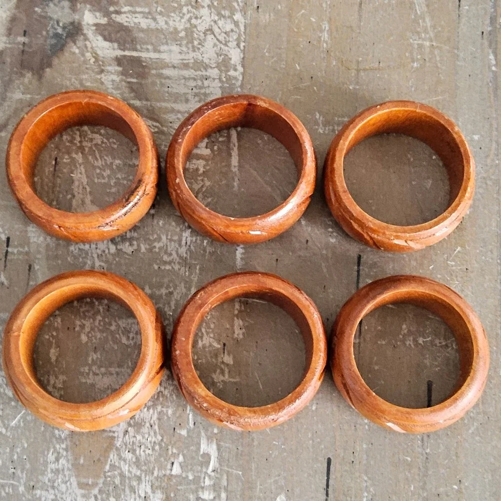 Carved Wood Napkin Rings Set of 6 Brown Handcrafted Boho Table Decor MCM